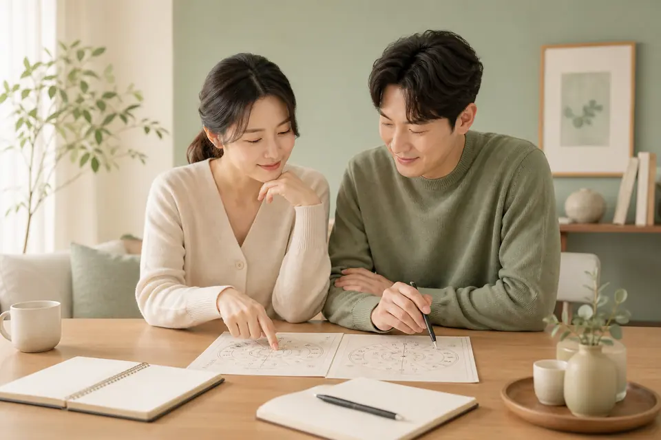 부부가 사주 궁합 결과를 함께 살펴보며 생활 기준을 이야기하는 장면