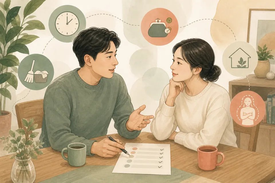 부부가 사주 궁합 결과를 생활비와 집안일 같은 현실 대화로 바꾸어 이야기하는 모습