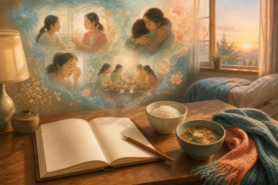 꿈 일기와 식사 옆으로 대화, 포옹, 눈물의 기억이 떠오르는 장면