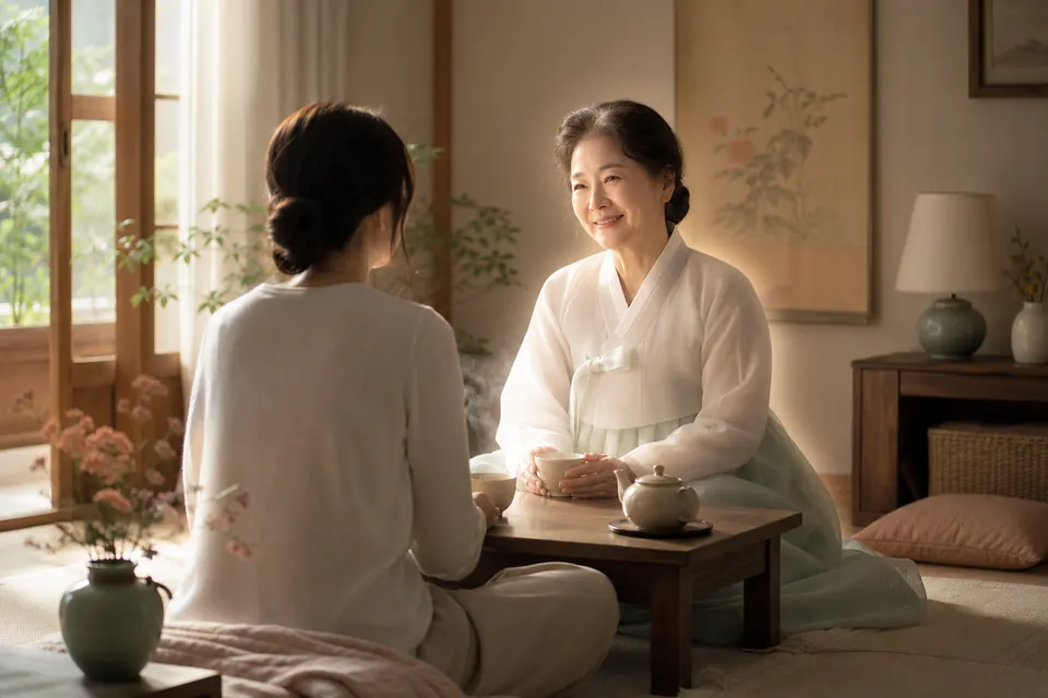 따뜻한 햇살이 드는 방에서 돌아가신 어머니와 마주 앉아 차를 나누는 꿈 장면