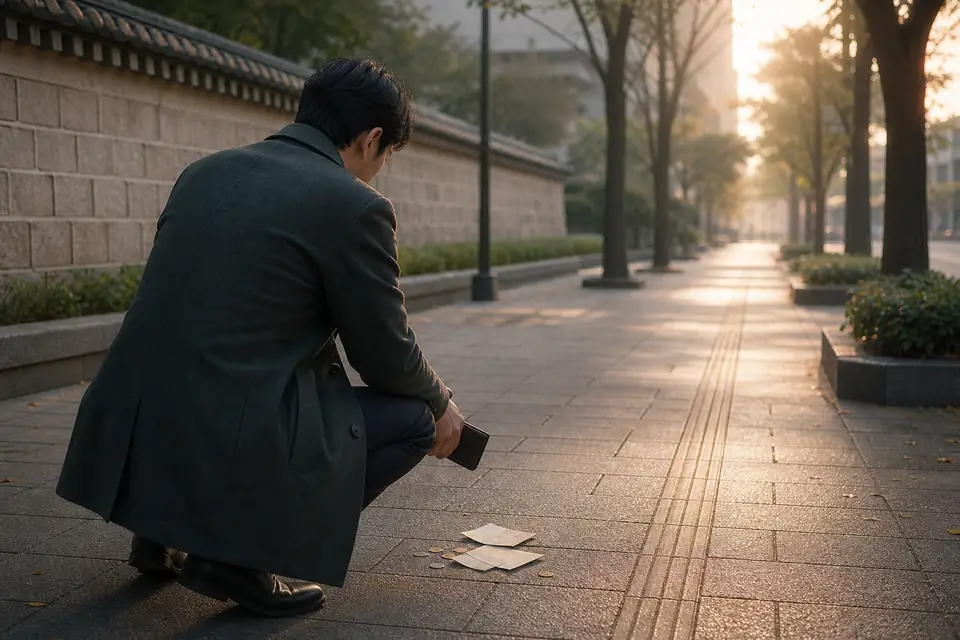 이른 아침 길에서 떨어진 지폐와 동전을 발견하고 바라보는 사람